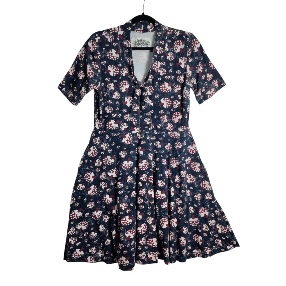 Effies Heart Mushroom Print Tie Neck Dress Navy Red White Short Sleeve Pockets